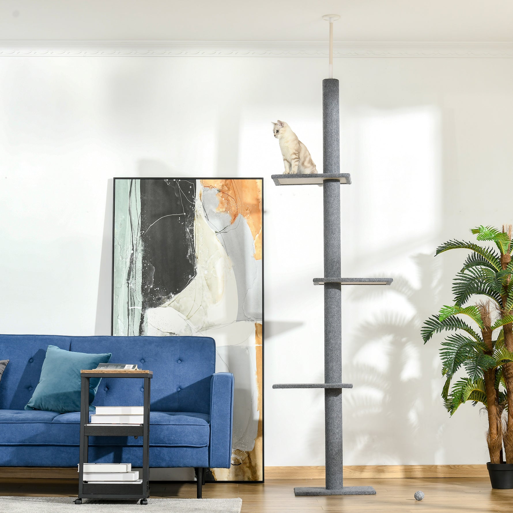 Arbre à chat du sol au plafond poteau à griffer hauteur réglable dim. 43L x 27I x 228-260H cm 4 niveaux d'activités gris