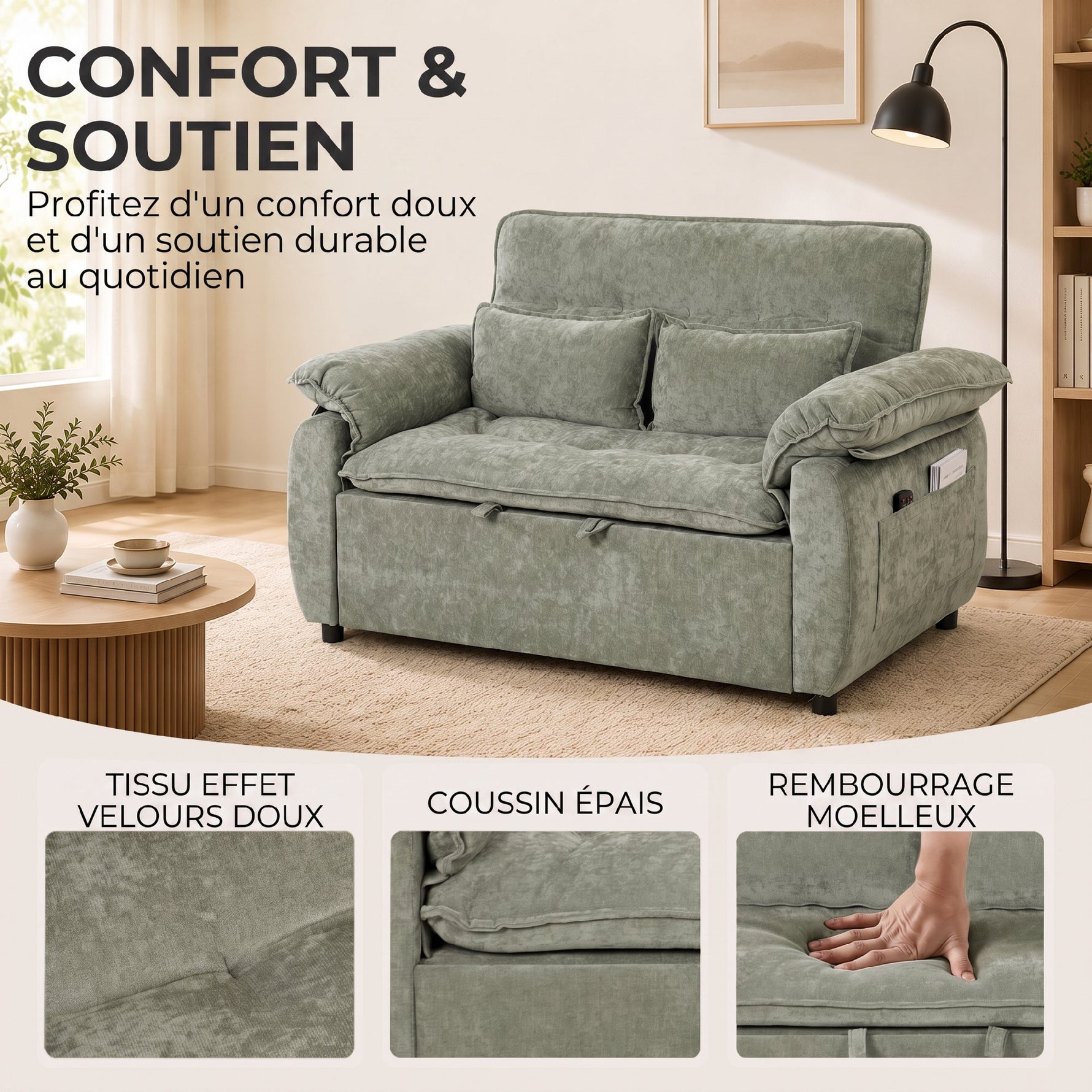 Canapé Convertible 2 Places, Canapé-Lit 3 en 1 Velours 137 cm, Dossier Réglable, Assise Large, 2 Oreillers, Vert