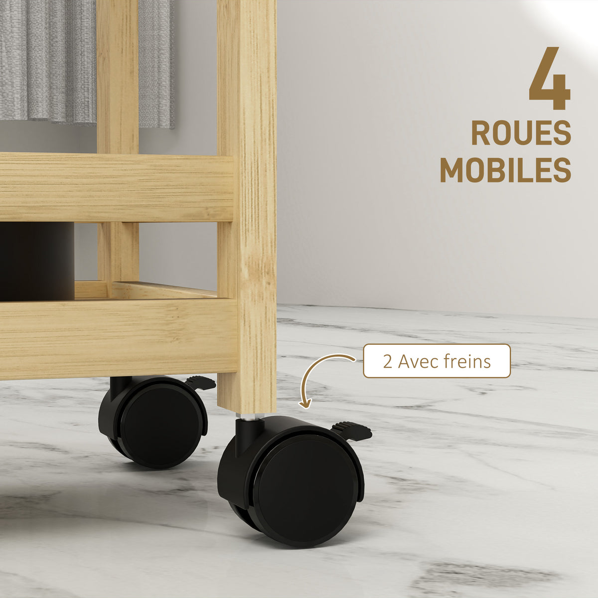 Étagère de rangement de salle de bain en bambou à 3 niveaux avec roulettes pour cuisine, salle de bain, salon - naturel