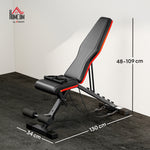 Klappbare Hantelbank, Rückenlehne 6-fach verstellbar, Sitzfläche 4-fach verstellbar, Polster 130 x 34 x 109 cm, schwarz und rot