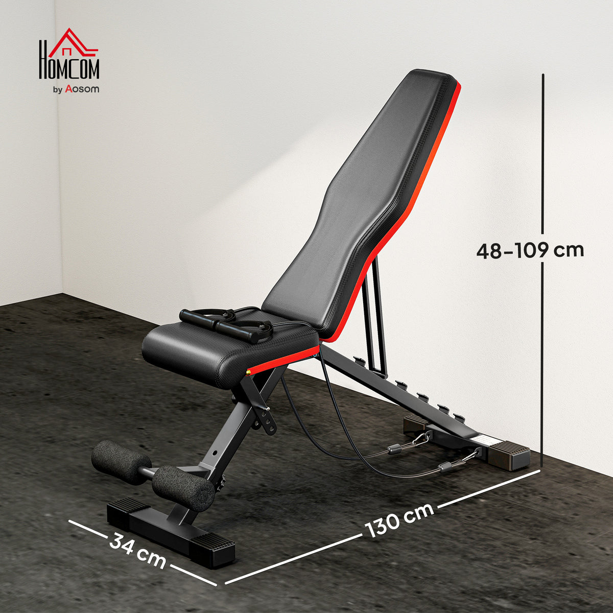 Klappbare Hantelbank, Rückenlehne 6-fach verstellbar, Sitzfläche 4-fach verstellbar, Polster 130 x 34 x 109 cm, schwarz und rot