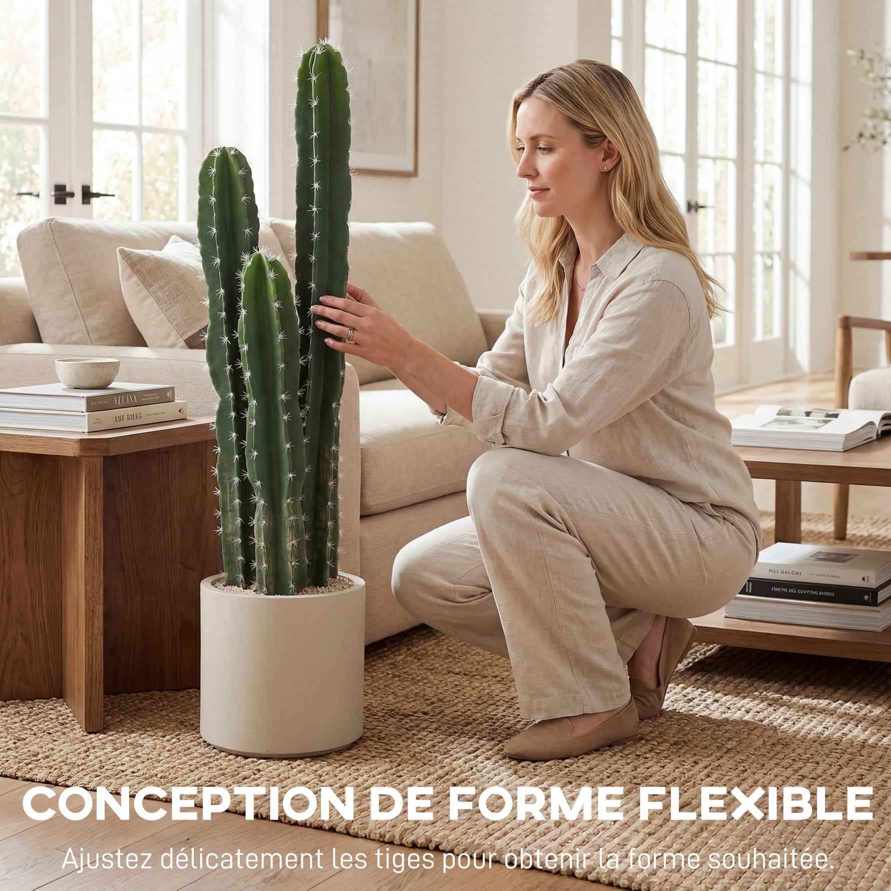 Cactus Artificiel 95 cm, Plante Artificielle en Pot, Tiges Réglables, Grand Réalisme, pour Maison et Bureau, Vert