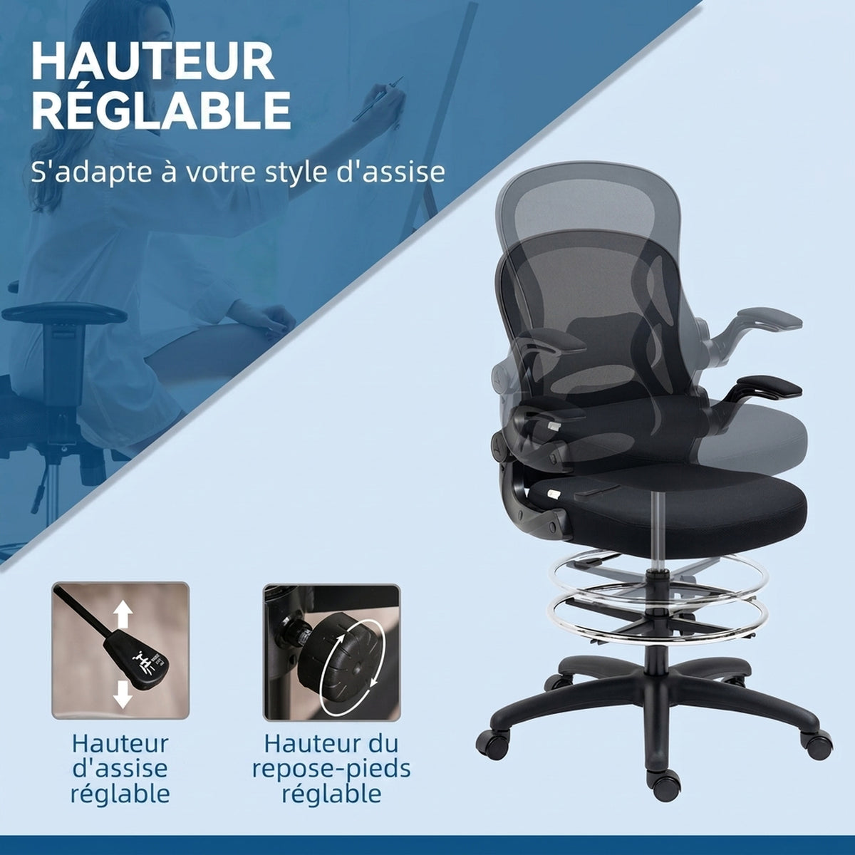Chaise Bureau Ergonomique en Maille, Hauteur Réglable, Accoudoirs Relevables, Support Lombaire, 59x65x122cm, Noir