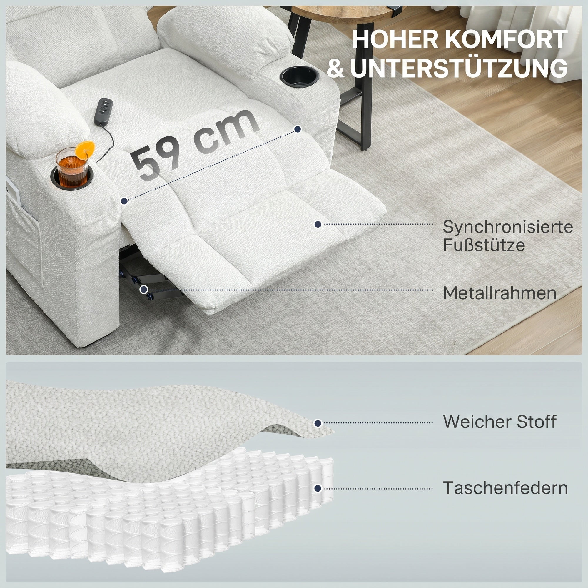 Fauteuil relax électrique, fauteuil inclinable, port USB, repose-pieds, porte-gobelets, 94 x 90 x 105 cm, crème