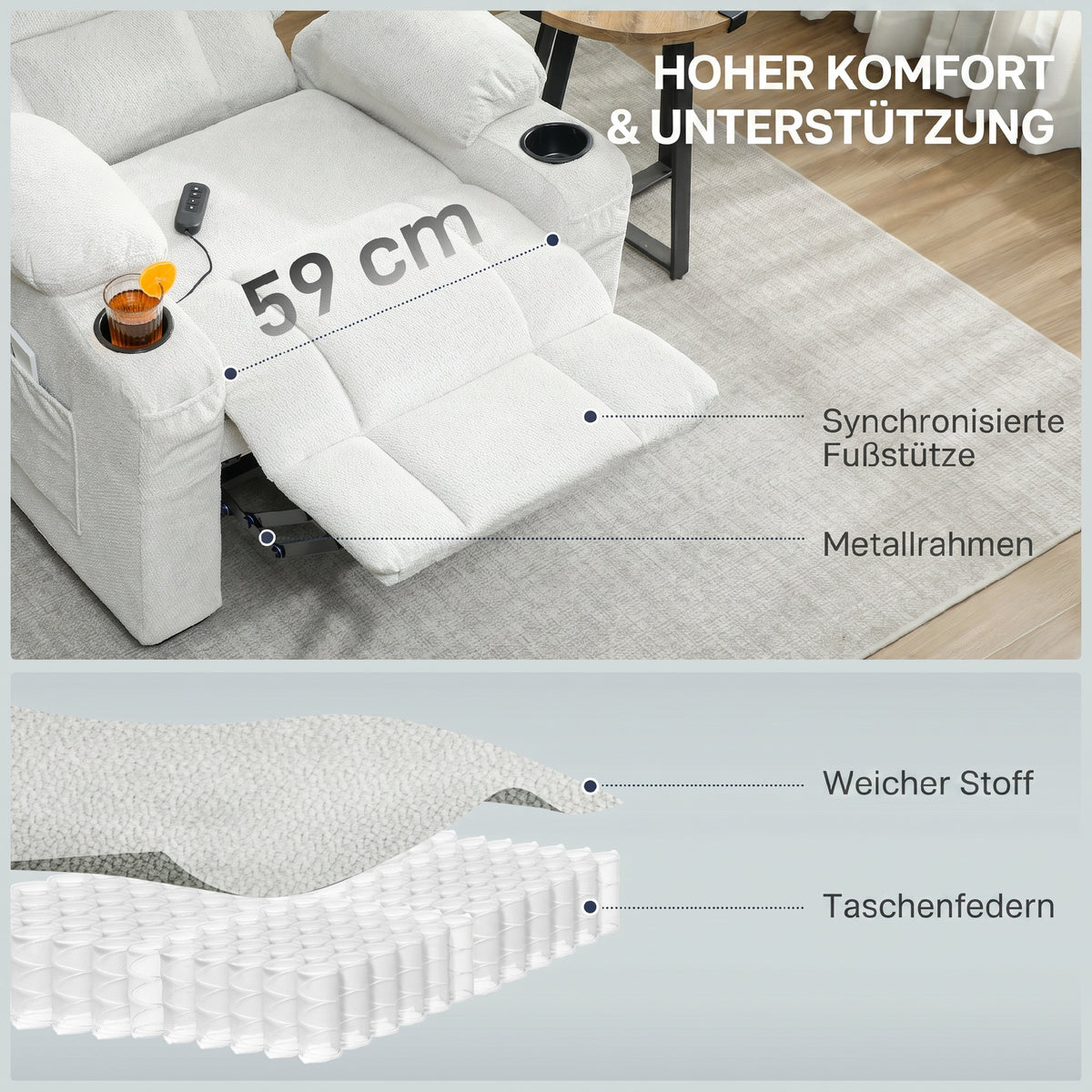 Fauteuil relax électrique, fauteuil inclinable, port USB, repose-pieds, porte-gobelets, 94 x 90 x 105 cm, crème