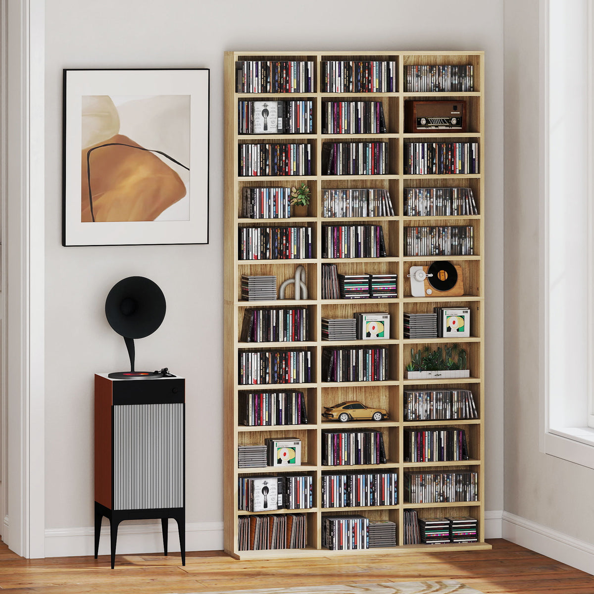 Rangements pour CD et DVD, étagère rangement 1116 CD/528 DVD, 36 compartiments et étagères réglables, chêne