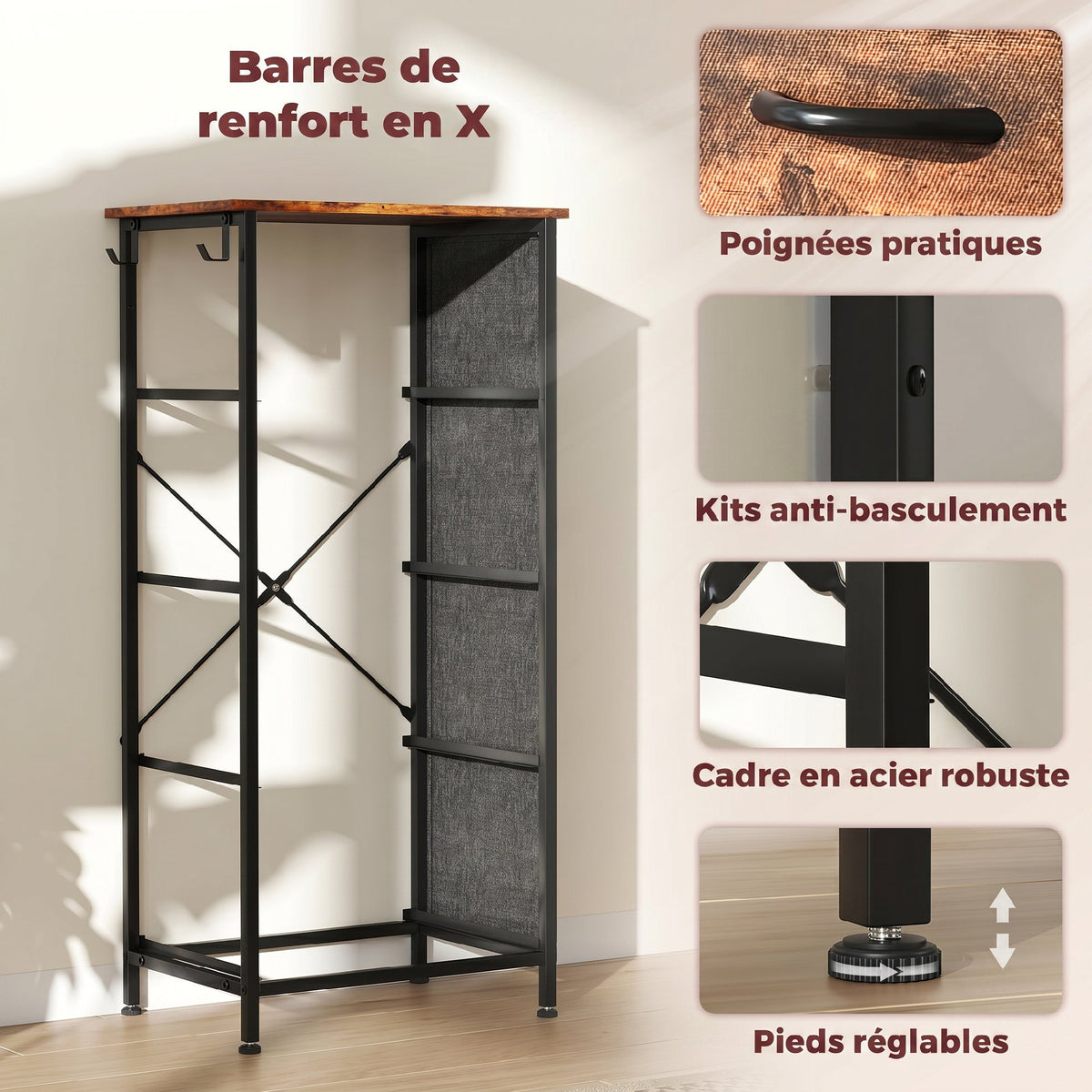 Commode 4 tiroirs en tissu, meuble de rangement avec 4 poches, 2 crochets, structure en acier, 45 x 30 x 94,5 cm, marron