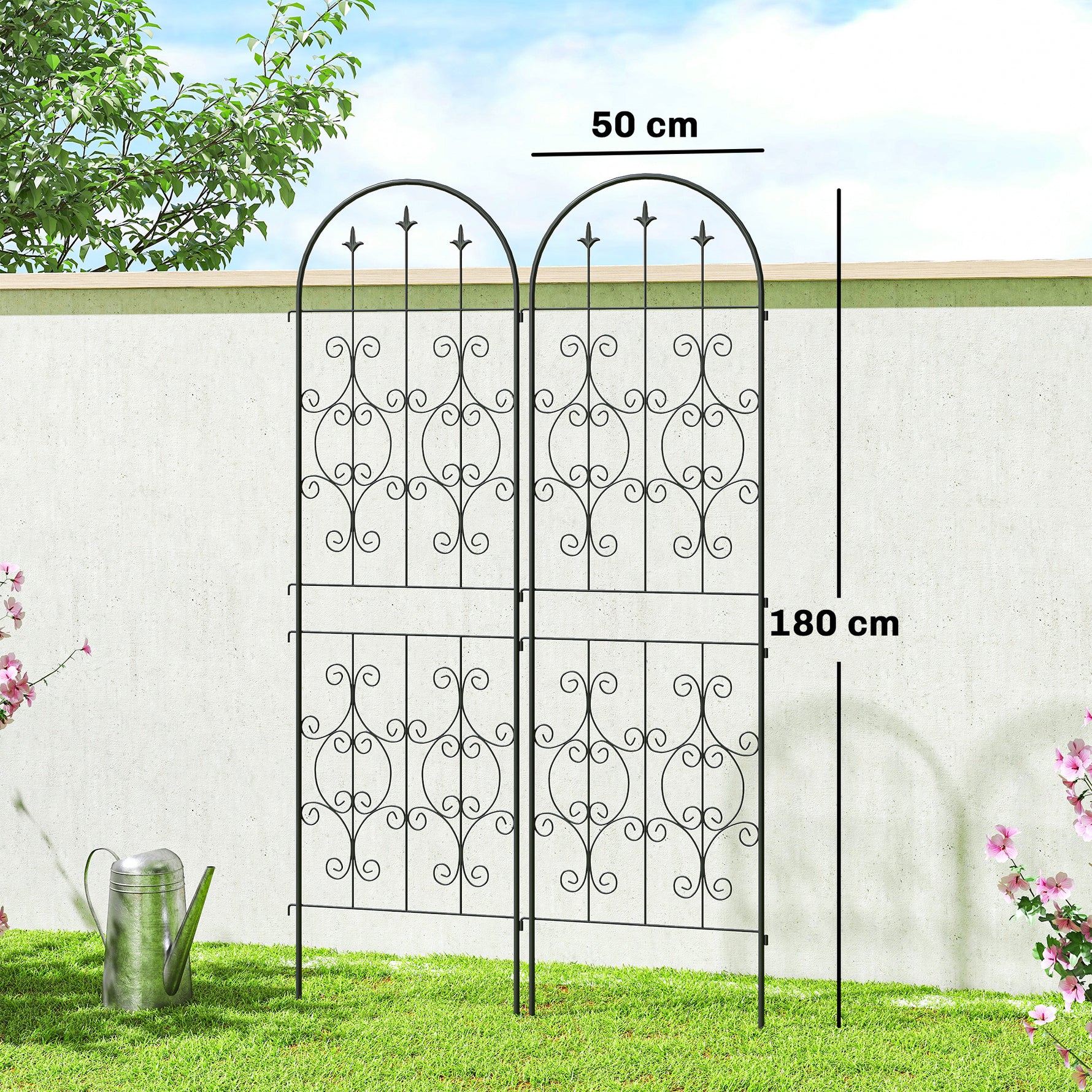 Lot de 2 Supports pour Plantes Grimpantes, Treillis de Jardin, pour Légumes, Vignes, Fleurs, en Métal, 50 x 180 cm, Noir
