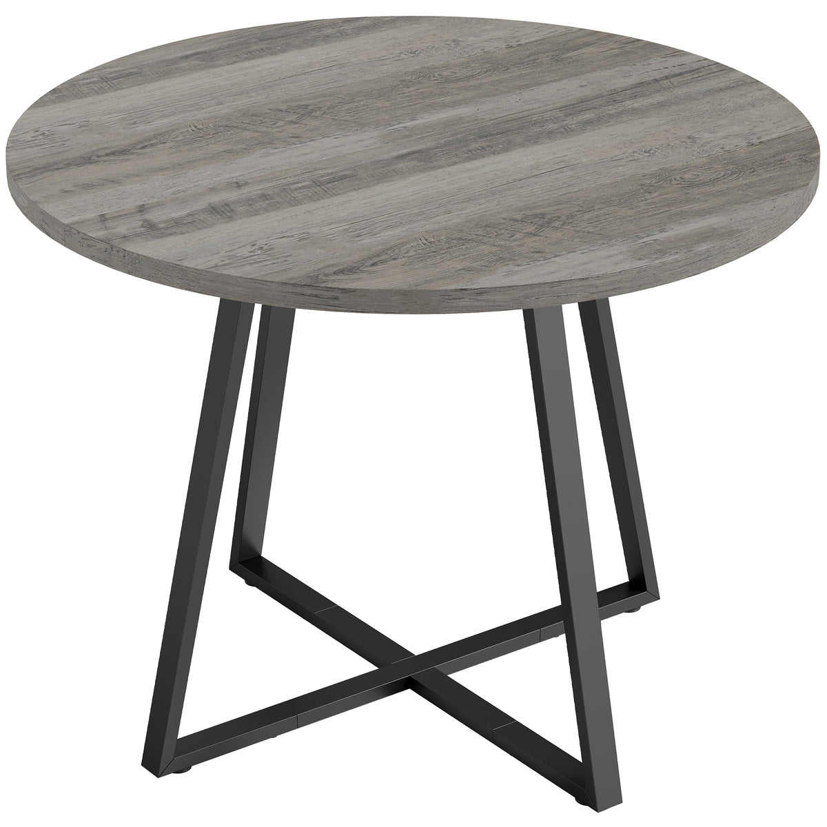 Round Dining Table for 4 People Ø 100 cm, Square Carbon Steel Frame, Industrial Style, Grey Wood Effect