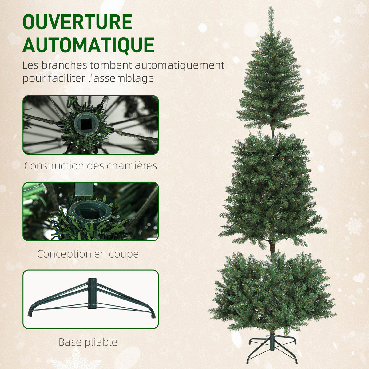 Sapin de Noël artificiel 180 cm, arbre de Noël fin avec 250 lumières, 899 pointes, support en métal pliable, vert
