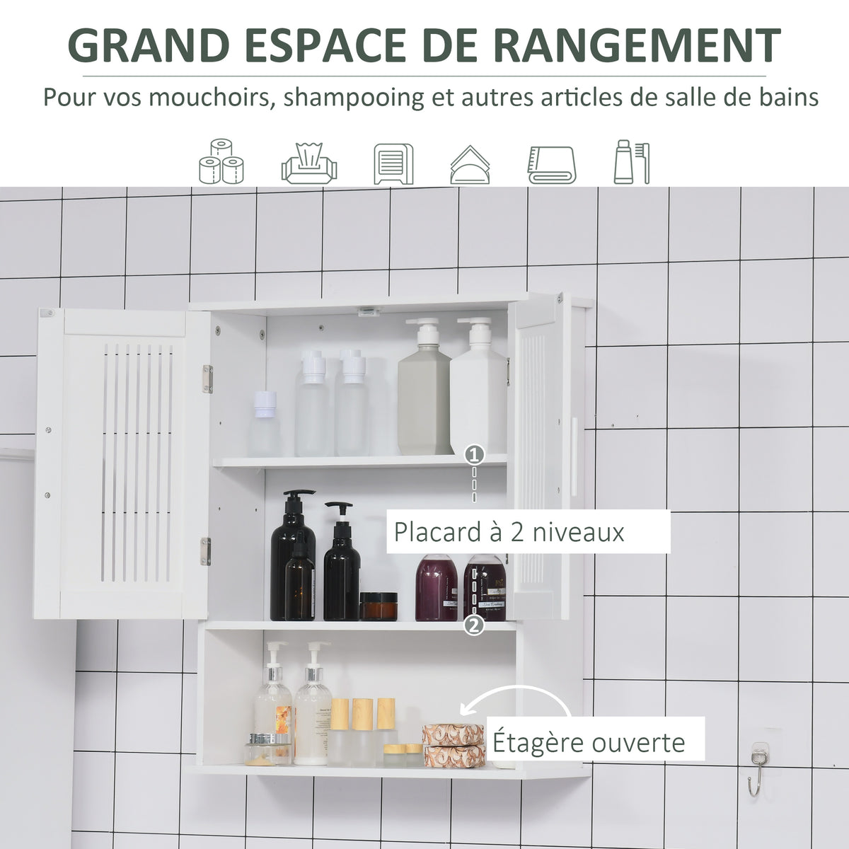 Wandschrank, Badezimmermöbel mit verstellbarem Einlegeboden, Doppeltür und offenem Fach, 60 x 20 x 70 cm, weiß