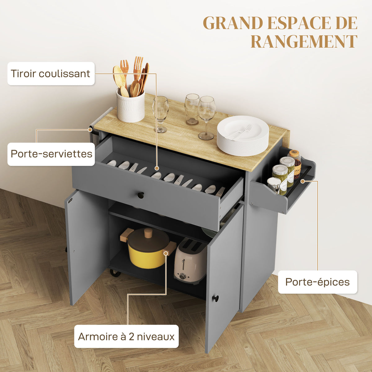 Desserte de cuisine sur roulettes, Îlot central cuisine tiroir étagère réglable support à épices et porte-serviette gris