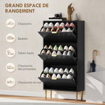 Meuble à chaussures 18 paires avec 3 tiroirs rabattables, portes cannelées et étagères réglables, 60x24x122,5cm, noir