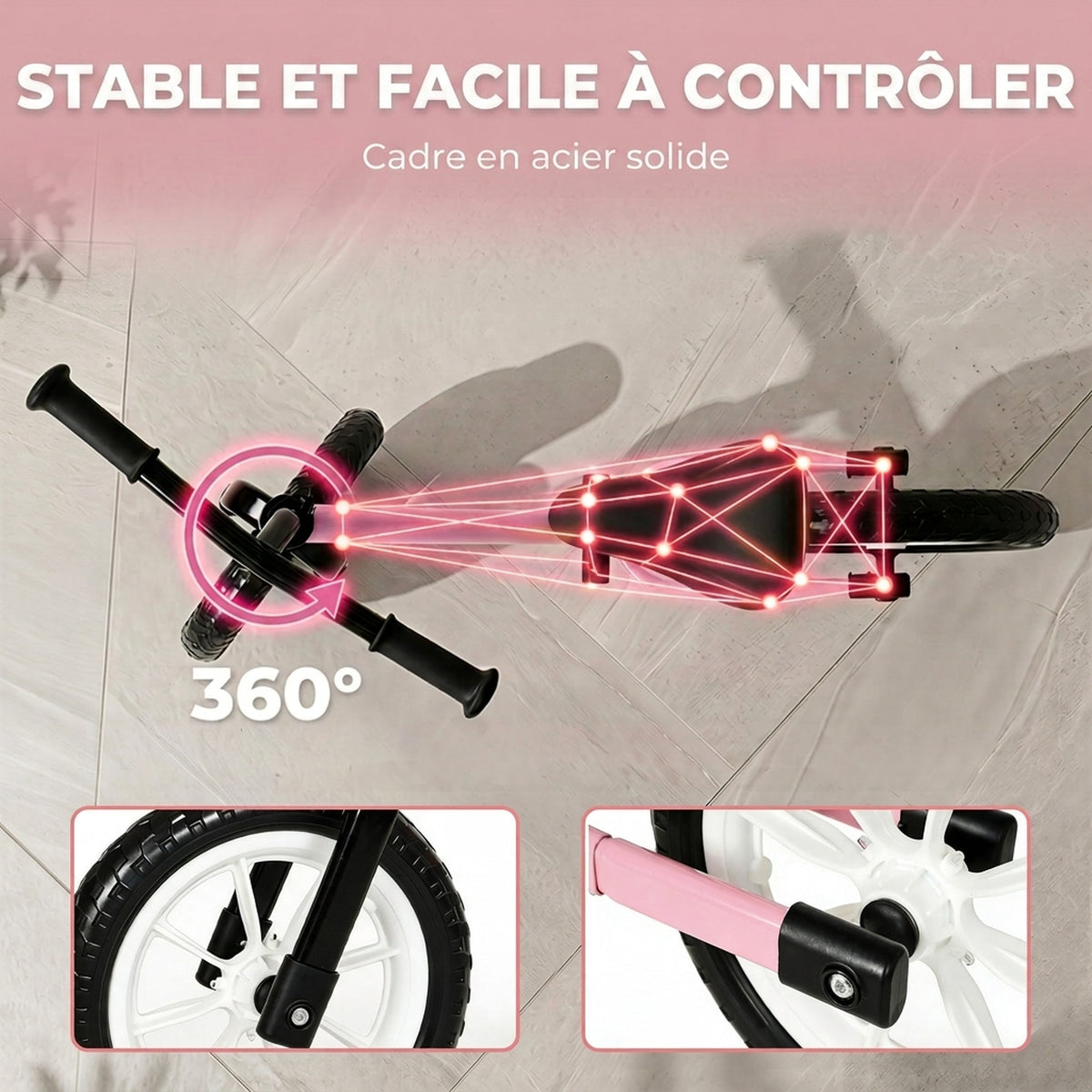 Draisienne Enfant 2-5 Ans, Roues Lumineuses, Siège Guidon Réglables, Pneus EVA Silencieux, Charge 50kg, 84x40x57cm, Rose