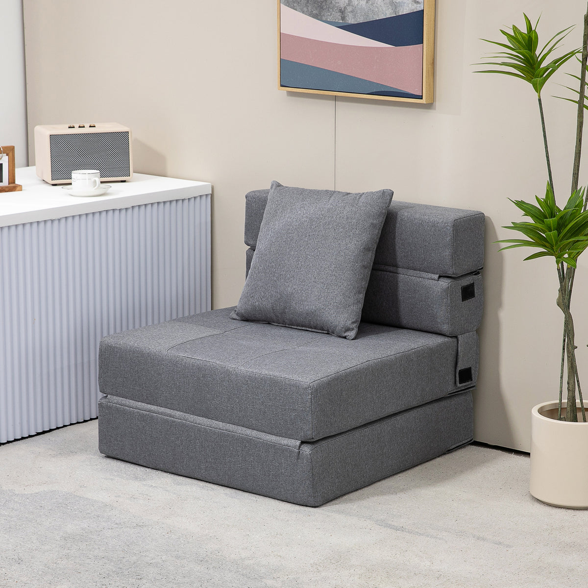 Chauffeuse canapé-lit convertible fauteuil 1 place avec 1 coussin déhoussable, tissu gris