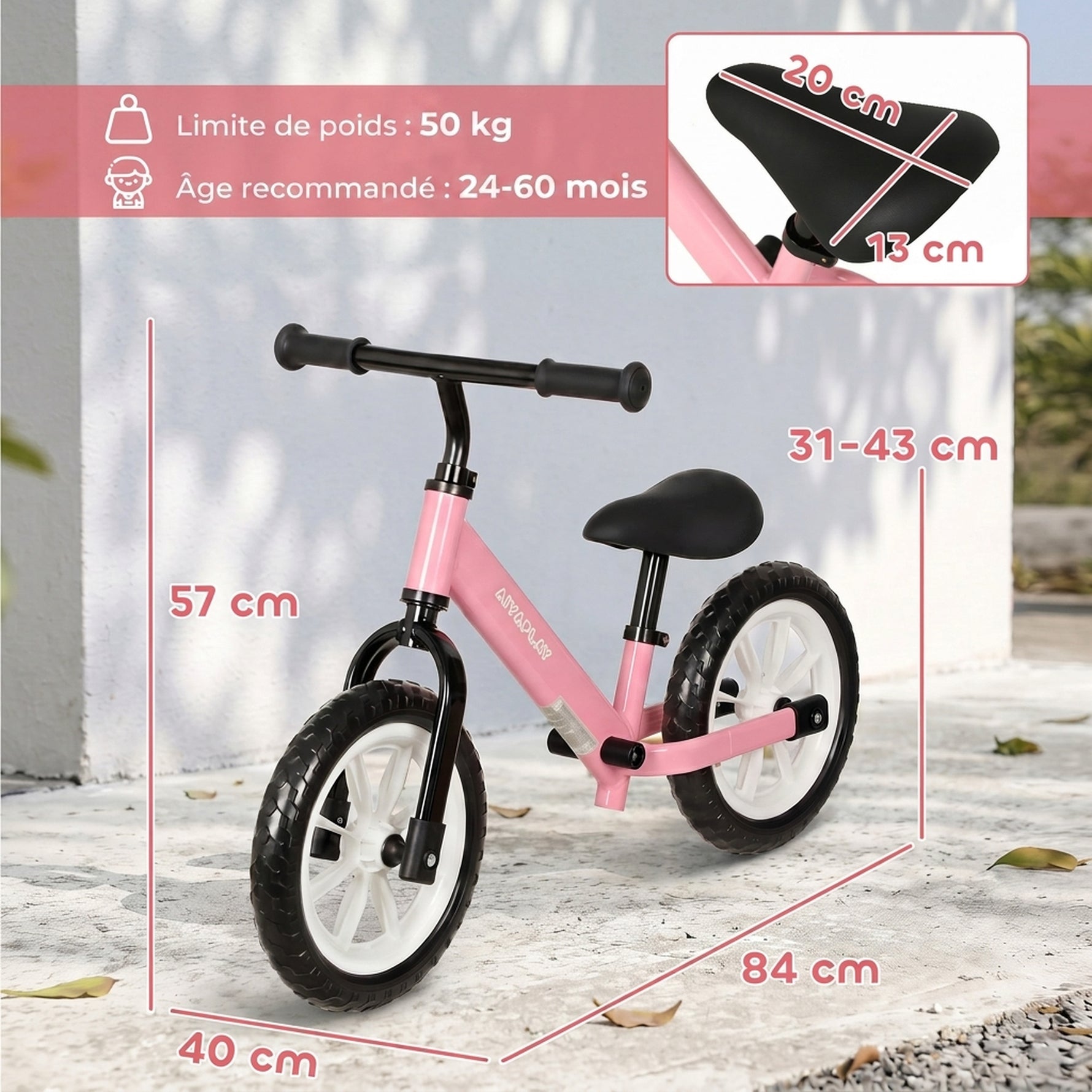 Draisienne Enfant 2-5 Ans, Roues Lumineuses, Siège Guidon Réglables, Pneus EVA Silencieux, Charge 50kg, 84x40x57cm, Rose