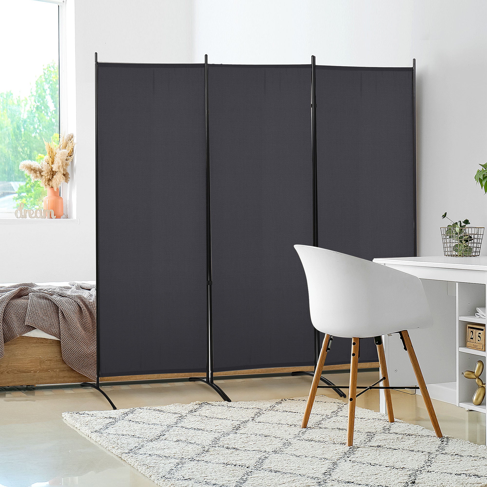Paravent 3 panneaux dim. 2,53L x 0,5l x 1,82H m Store latéral Brise-Vue paravent sur Pied séparateur métal Polyester