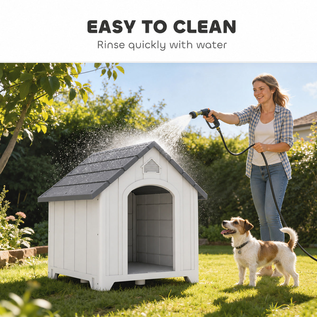Caseta para perro de exterior, casa para perro de polipropileno impermeable ventilada con suelo elevado 66x55x65cm gris claro