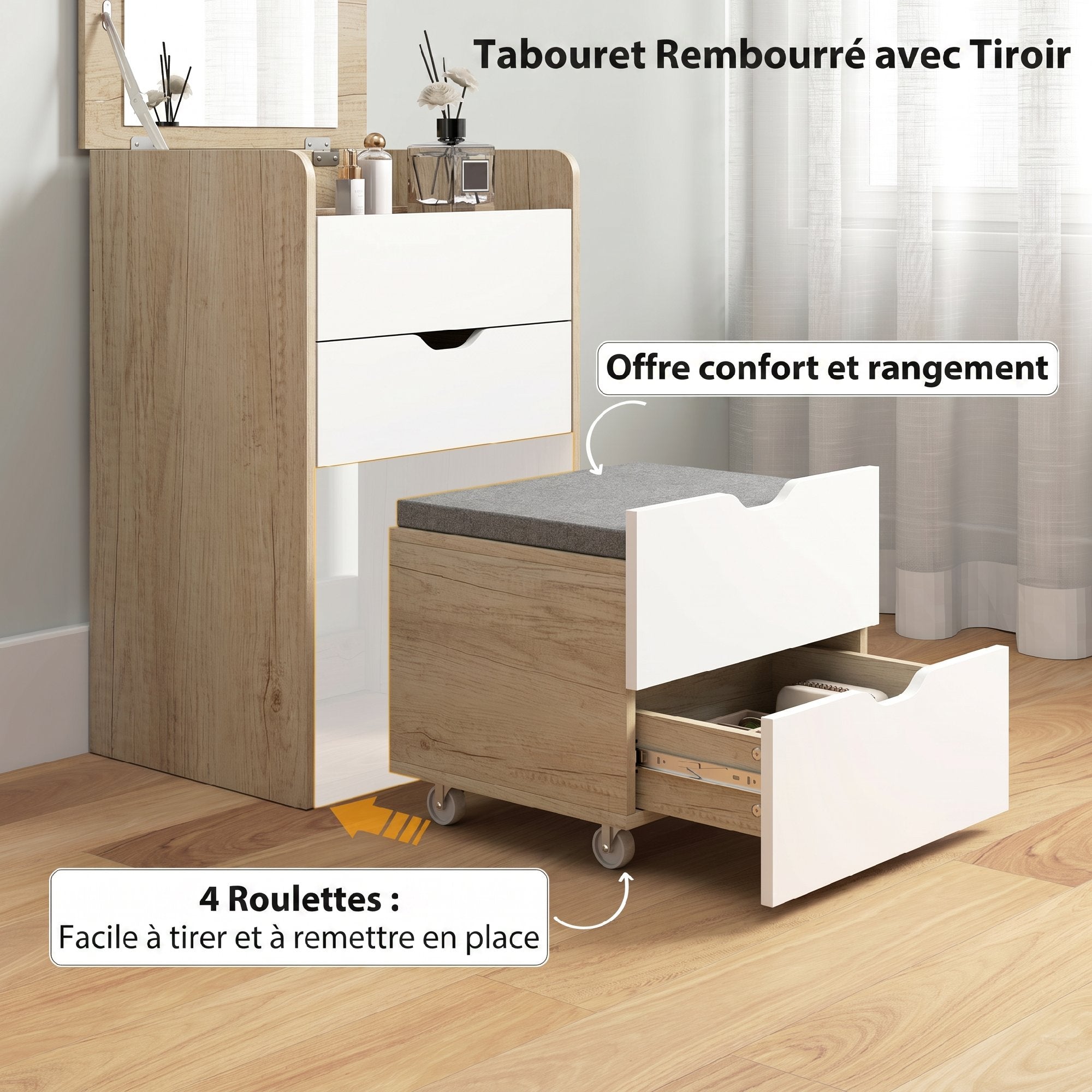 Dressing table with flip-top mirror and storage stool, makeup table, 2 drawers, padded seat, white oak
