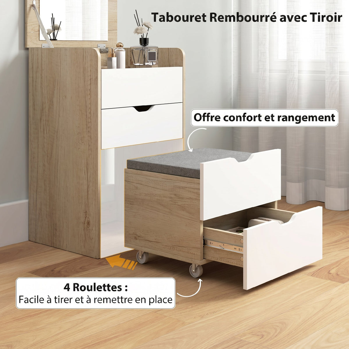 Dressing table with flip-top mirror and storage stool, makeup table, 2 drawers, padded seat, white oak