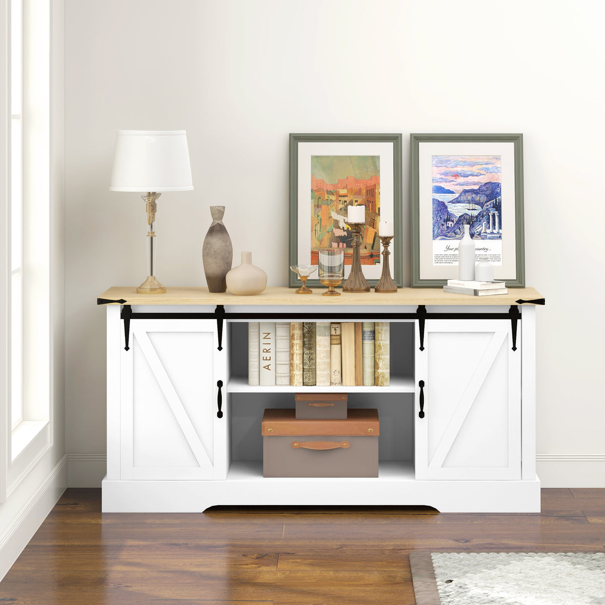 Buffet meuble de rangement avec 2 portes coulissantes étagères réglables 150l x 40P x 72H cm en bois blanc chêne