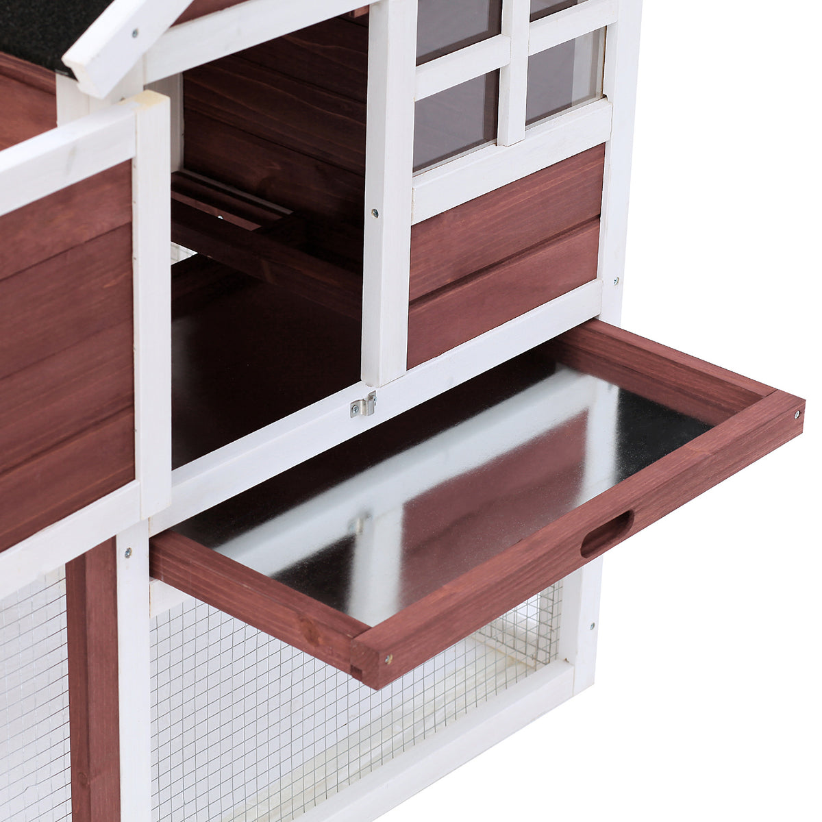 Clapier cage à lapins multi-équipé : niche supérieure avec rampe, plateau excrément, fenêtre + enclos  extérieur sécurisé 2 portes 123,5L x 62,6l x 92,5H cm rouge brique