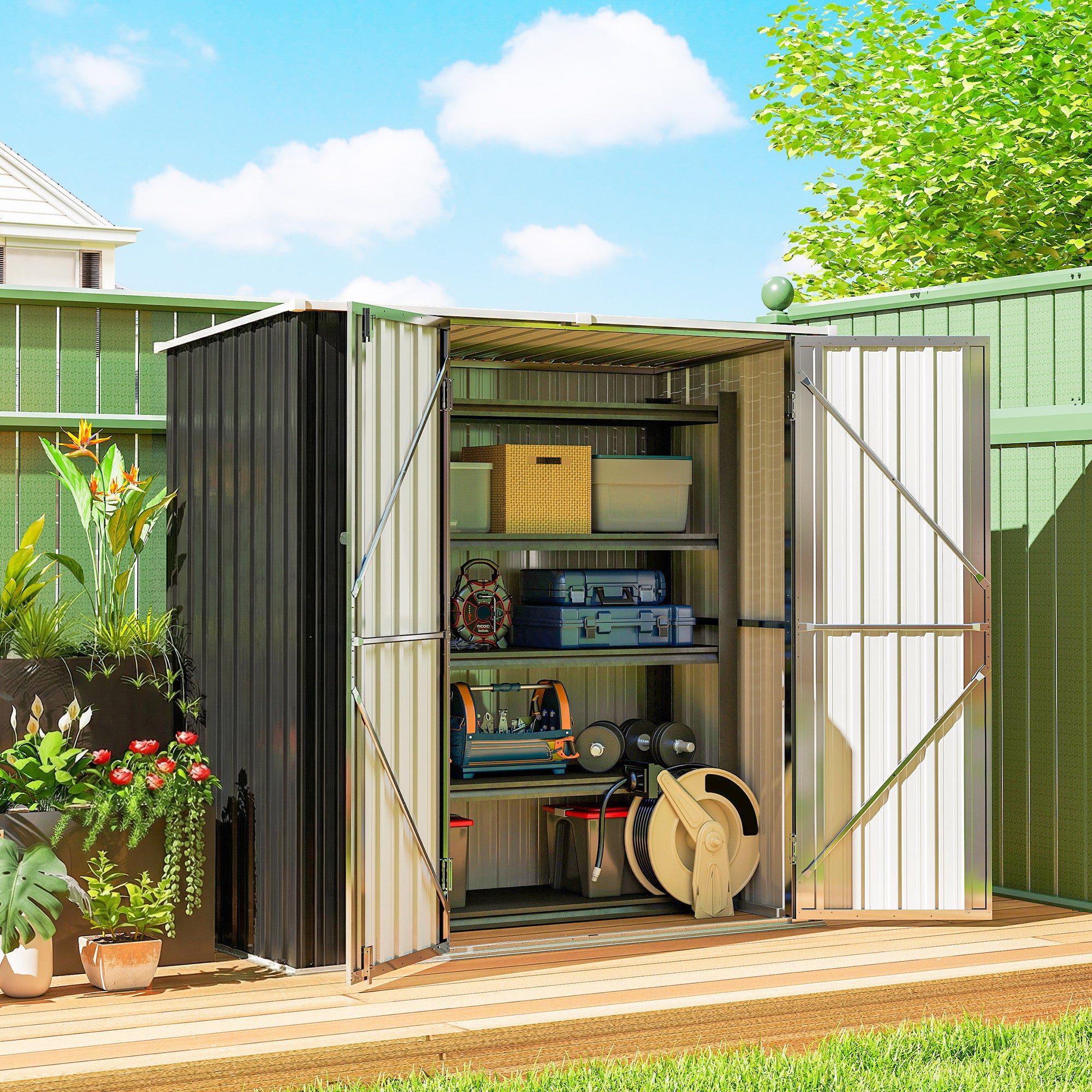 Abri de Jardin en Métal 1,37m², Toit Incliné, 2 Portes Verrouillables, Gants, Anti-UV, 163x89x163cm, Gris Foncé