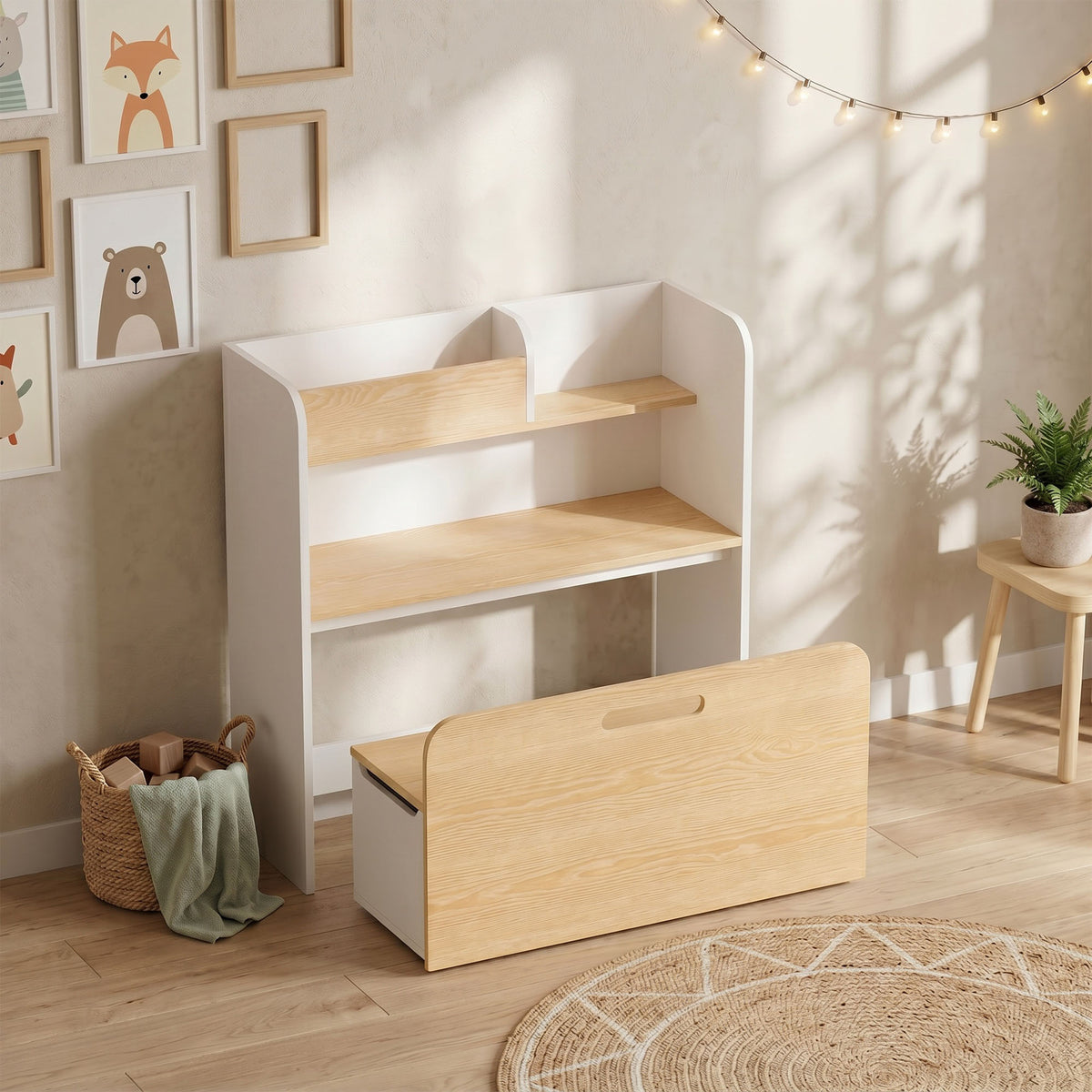 Bureau et Chaise pour Enfant 5 en 1 avec Bibliothèque et Banc Coffre à Roulettes, pour 3 à 8 Ans, Blanc