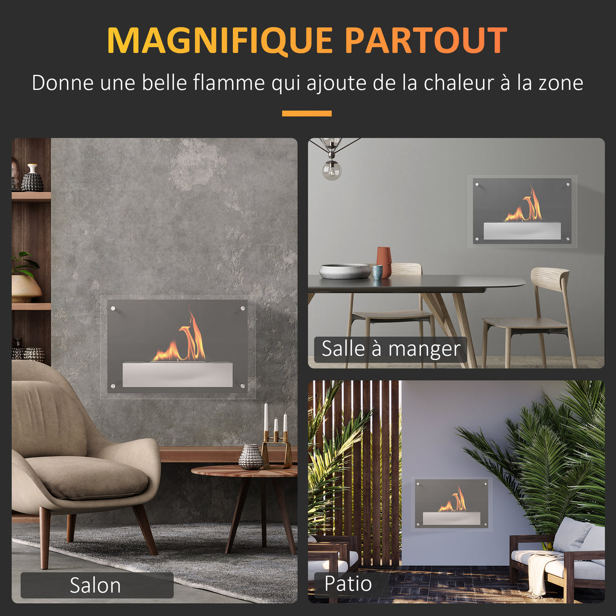 Cheminée bioéthanol Murale encastrable brûleur 0,9 L, environ 3 h de durée de combustion 60L x 22l x 40H cm noir