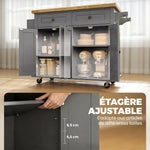 Isola Centrale da Cucina con Piano in Legno di Hevea, Carrello da Cucina su Ruote con 2 Cassetti, 111 x 44,5 x 82,5 cm, Grigio