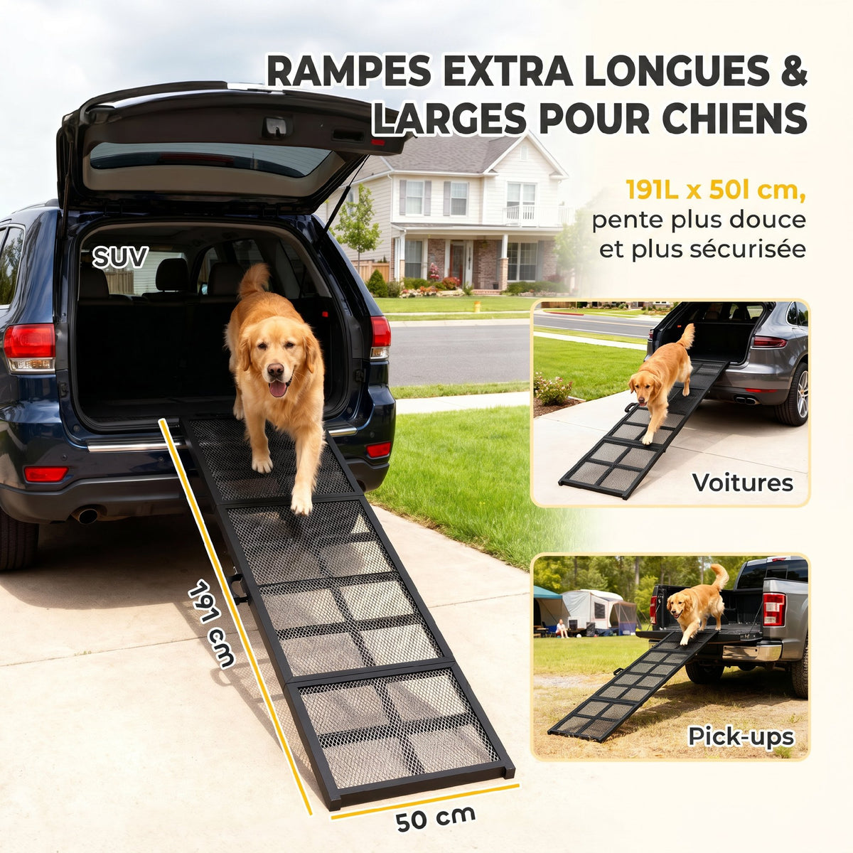 Rampe pour Chien Pliable en Acier, Escalier pour Chien avec Surface Antidérapante, Charge 180 kg, 191 x 50 x 4 cm, Noir