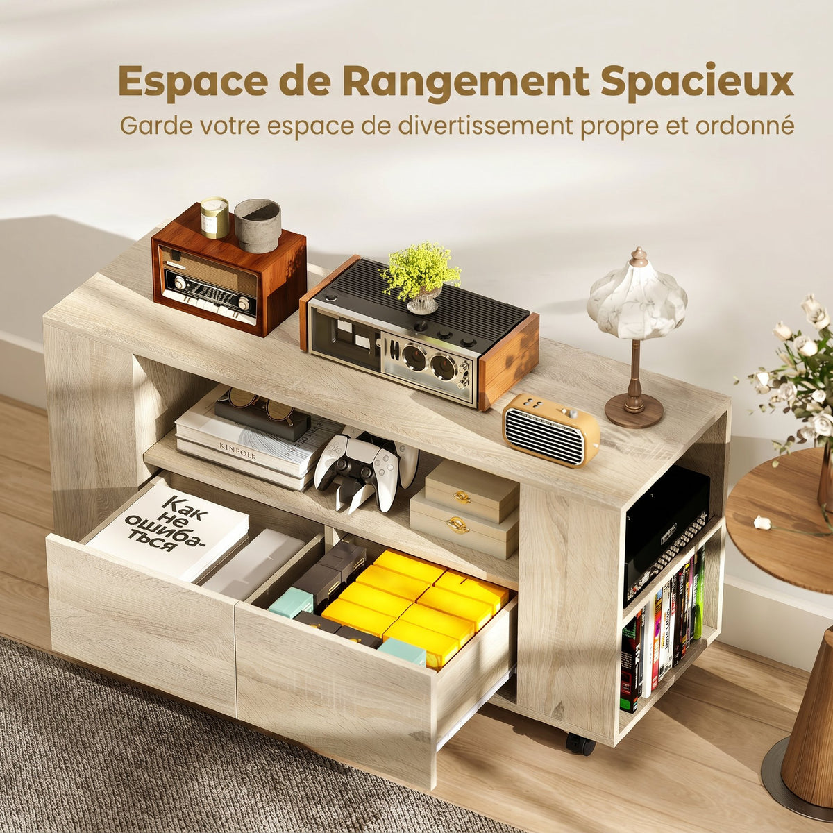 Meuble TV sur roulettes 102 cm, meuble télé pour téléviseur jusqu'à 42 pouces, 2 tiroirs, compartiments ouverts, naturel