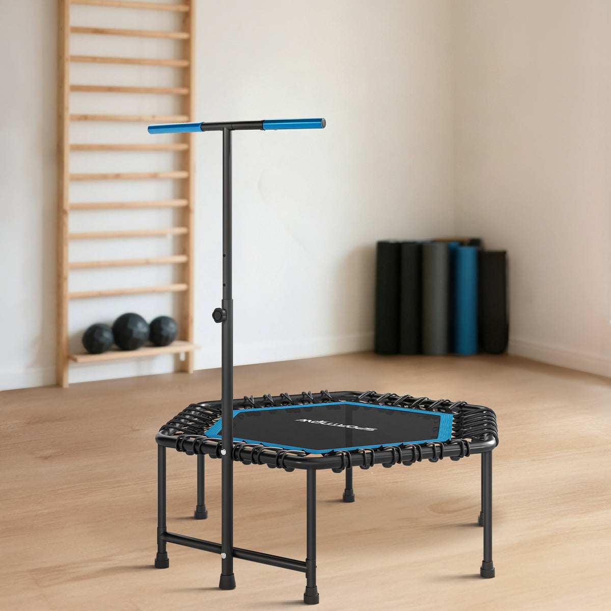 Trampoline de fitness 114 cm, cordes élastiques, poignée réglable 3 positions, trampoline d'exercice silencieux, bleu