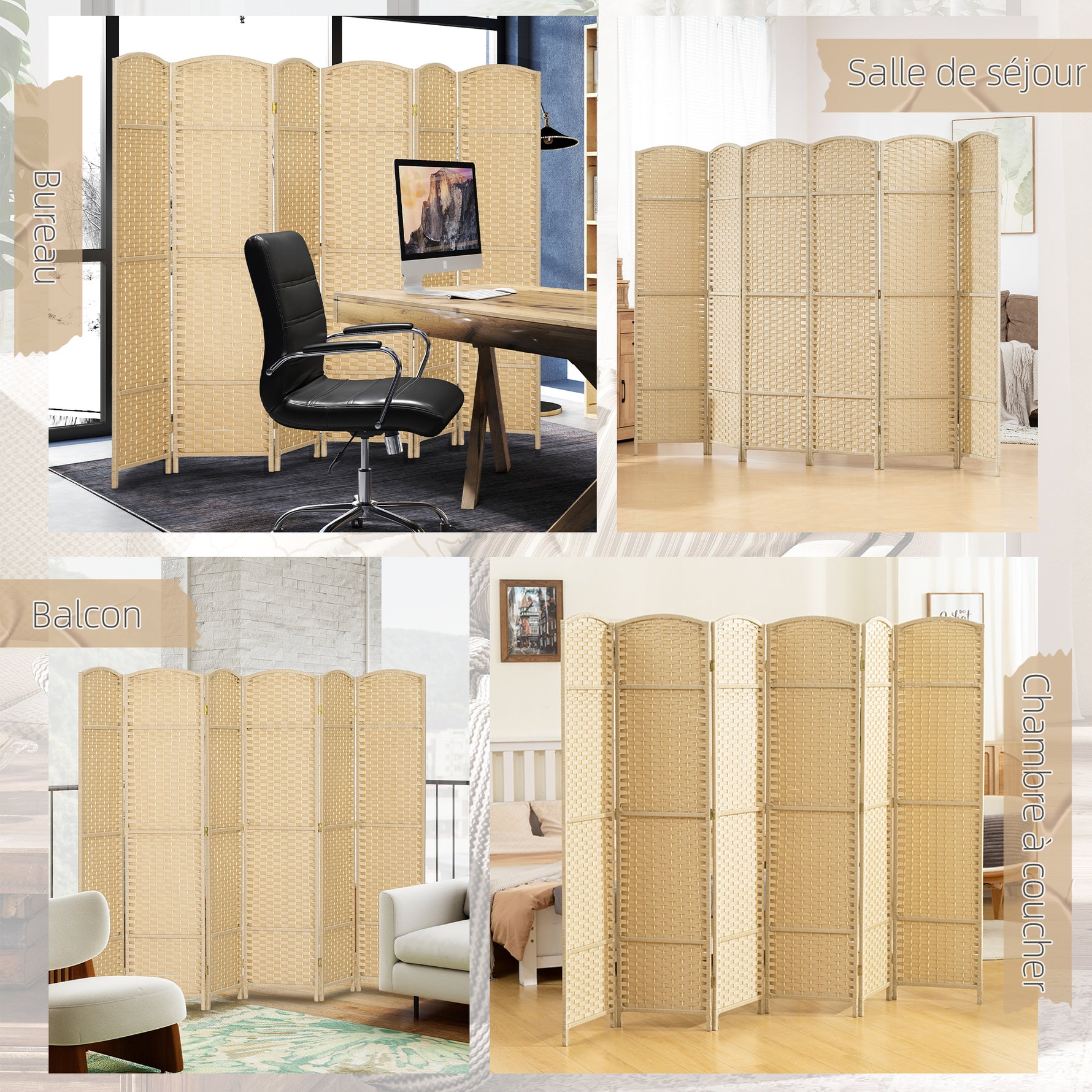 Paravent interieur en bois 6 panneaux 240 x 170 cm séparateur de pièce pliable pour salon, chambre à coucher, naturel