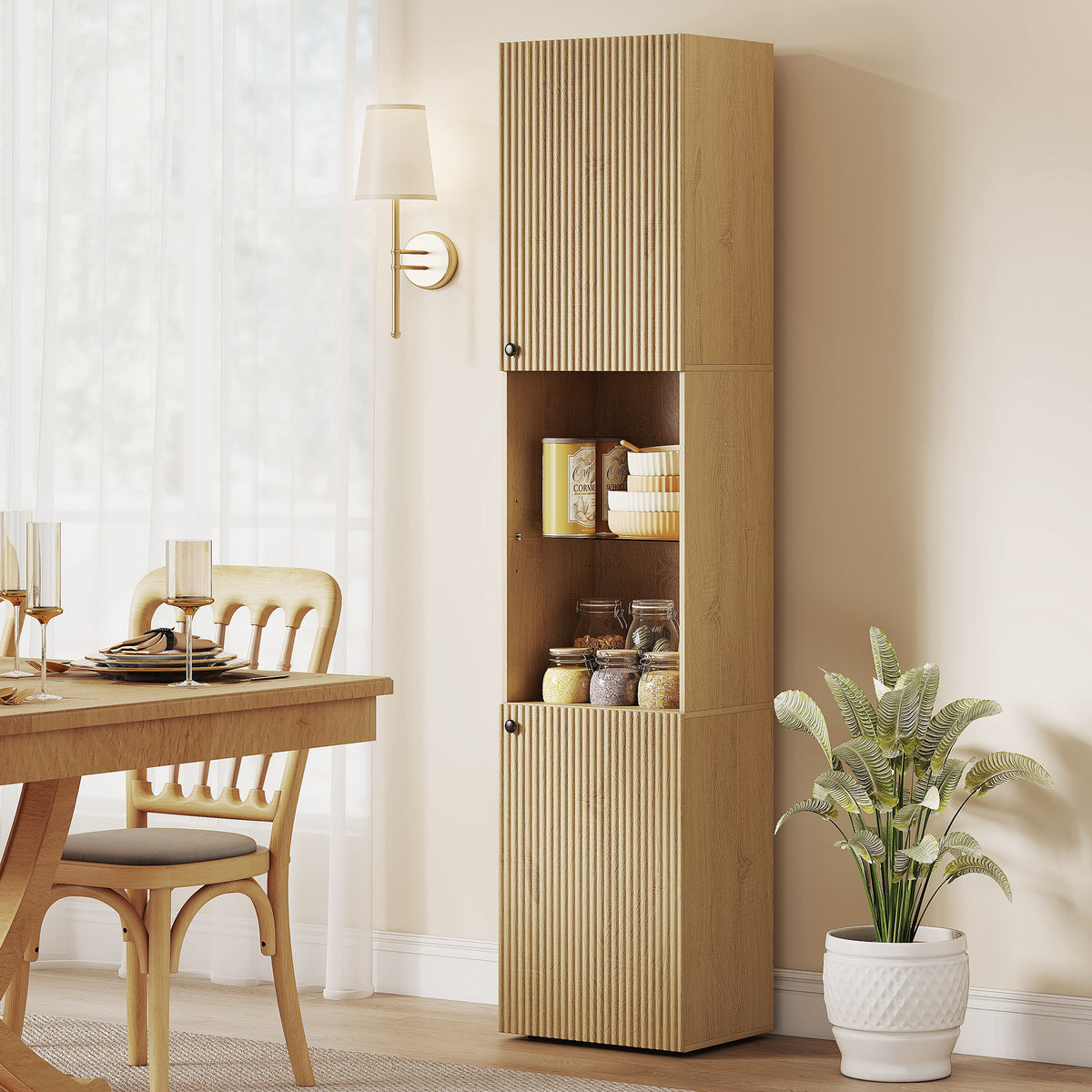 Armoire salle de bain haute, meuble de rangement colonne 6 niveaux 2 portes et étagères réglables, 40x31x182cm, chêne