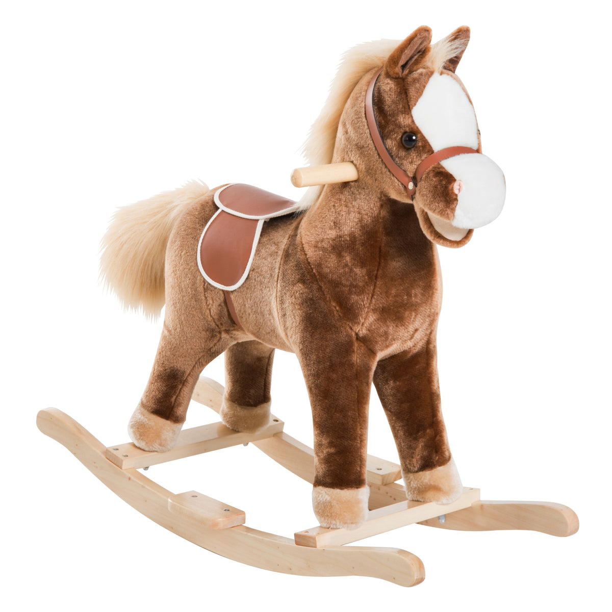 Schaukelpferd Cowboypferd Sattel Großer Komfort für Kinder ab 36 Monaten Kurzflor Plüsch Weich Holz Pappel Belastung 40 kg Braun Weiß