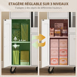 Desserte cuisine à roulettes, meuble micro onde, plateau coulissant, tiroir, placards 3 portes, 80x40x88,7cm, blanc
