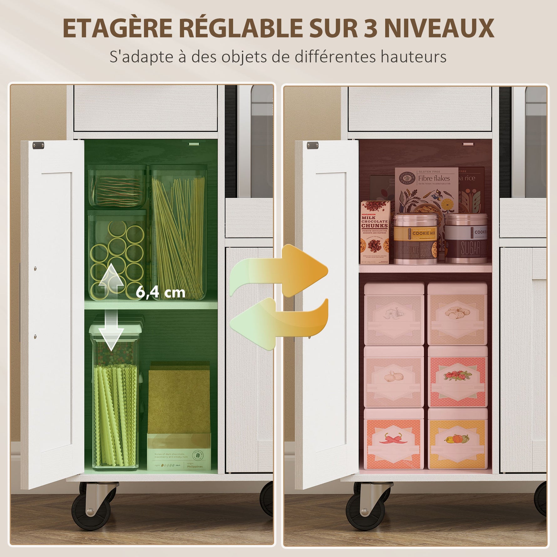 Desserte cuisine à roulettes, meuble micro onde, plateau coulissant, tiroir, placards 3 portes, 80x40x88,7cm, blanc