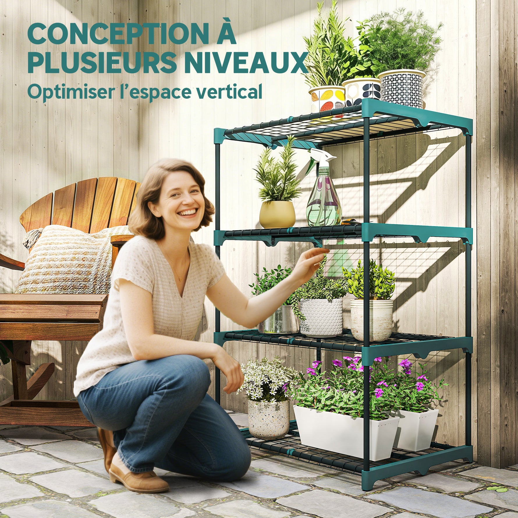 Étagère à fleurs en acier 4 niveaux intérieur et extérieur support de plantes pour jardin balcon salon 67x49x105cm vert