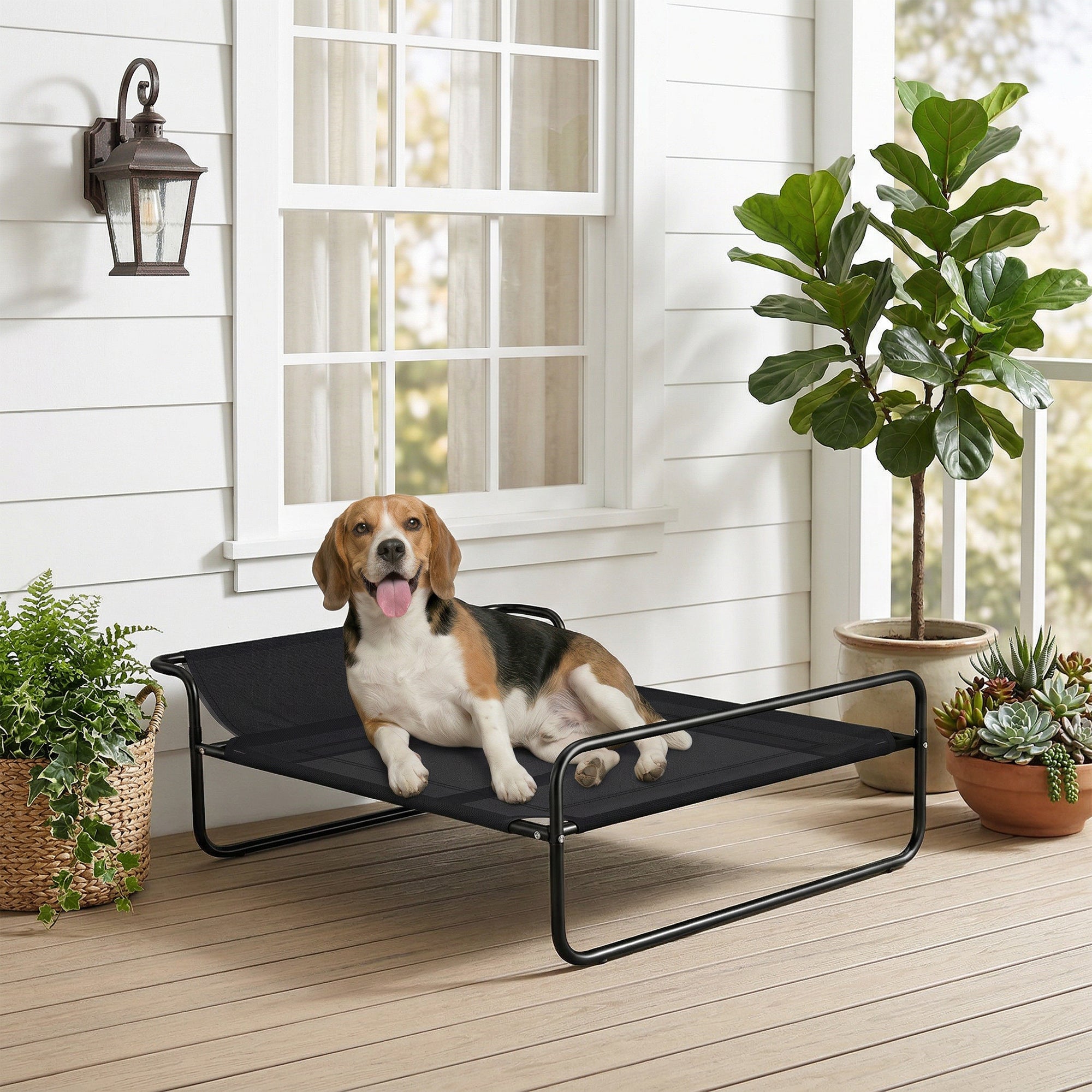 Raised pet dog bed with headrest, micro-perforated fabric, 91 x 69 x 29 cm, black
