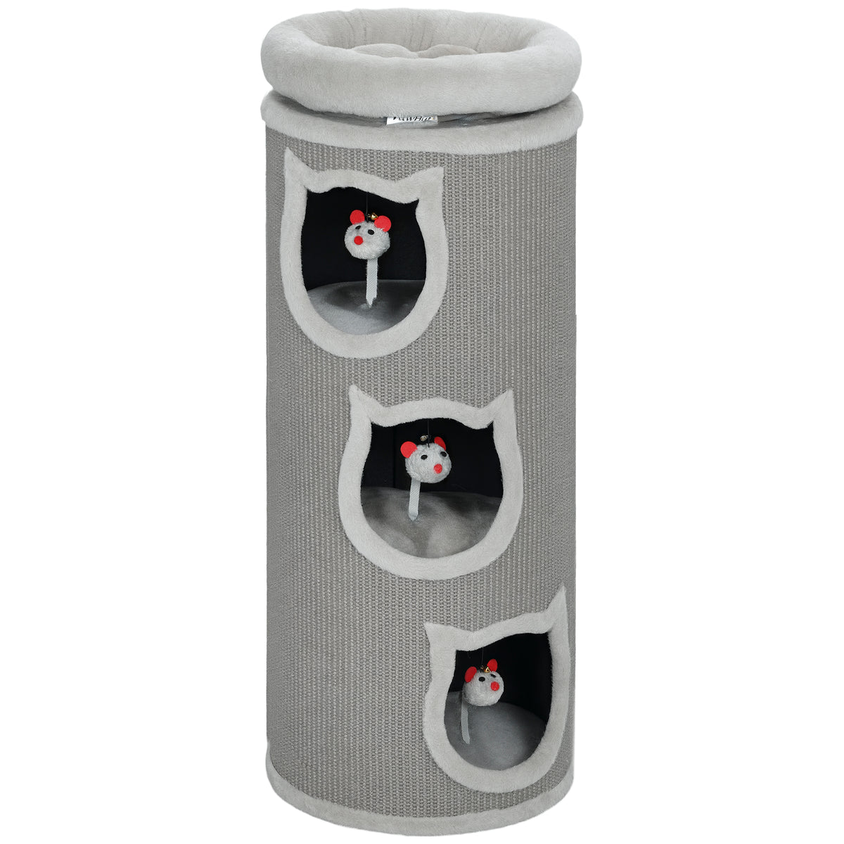 Tiragraffi a colonna, torre per gatti in sisal con bordo in peluche, 3 livelli con piattaforma, stabile, Ø 38 x 96 cm grigio