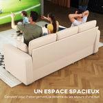 Canapé d'angle convertible en velours côtelé, canapé-lit 3 places avec rangement caché, coussins, 205x135x76cm, beige
