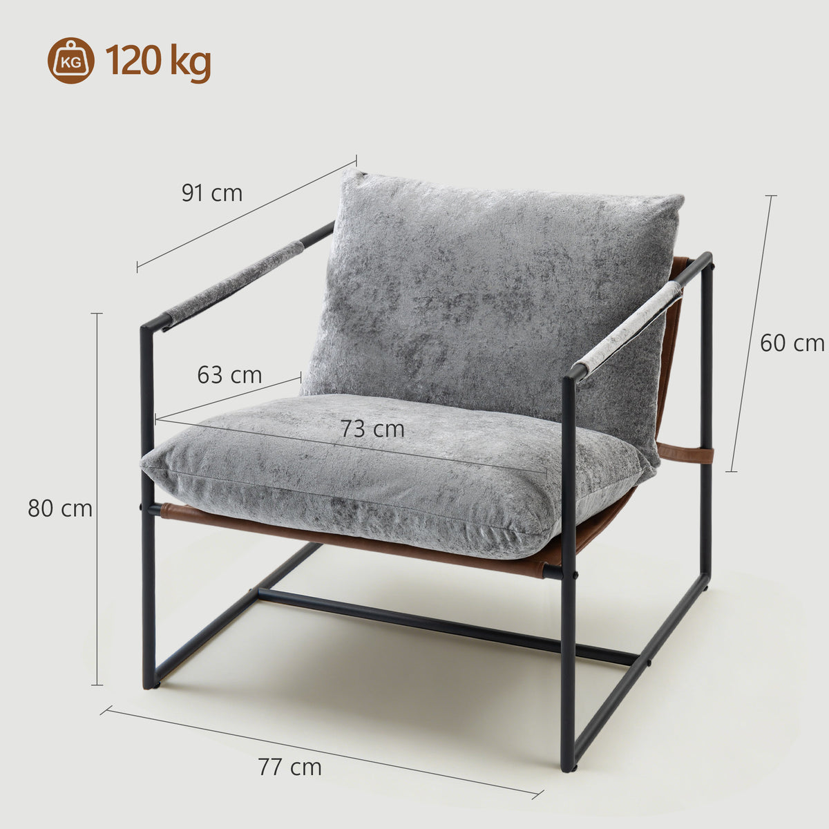 Fauteuil salon, fauteuil d'appoint rembourré en velours imprimé, large assise et structure en acier, 77x91x80cm, gris