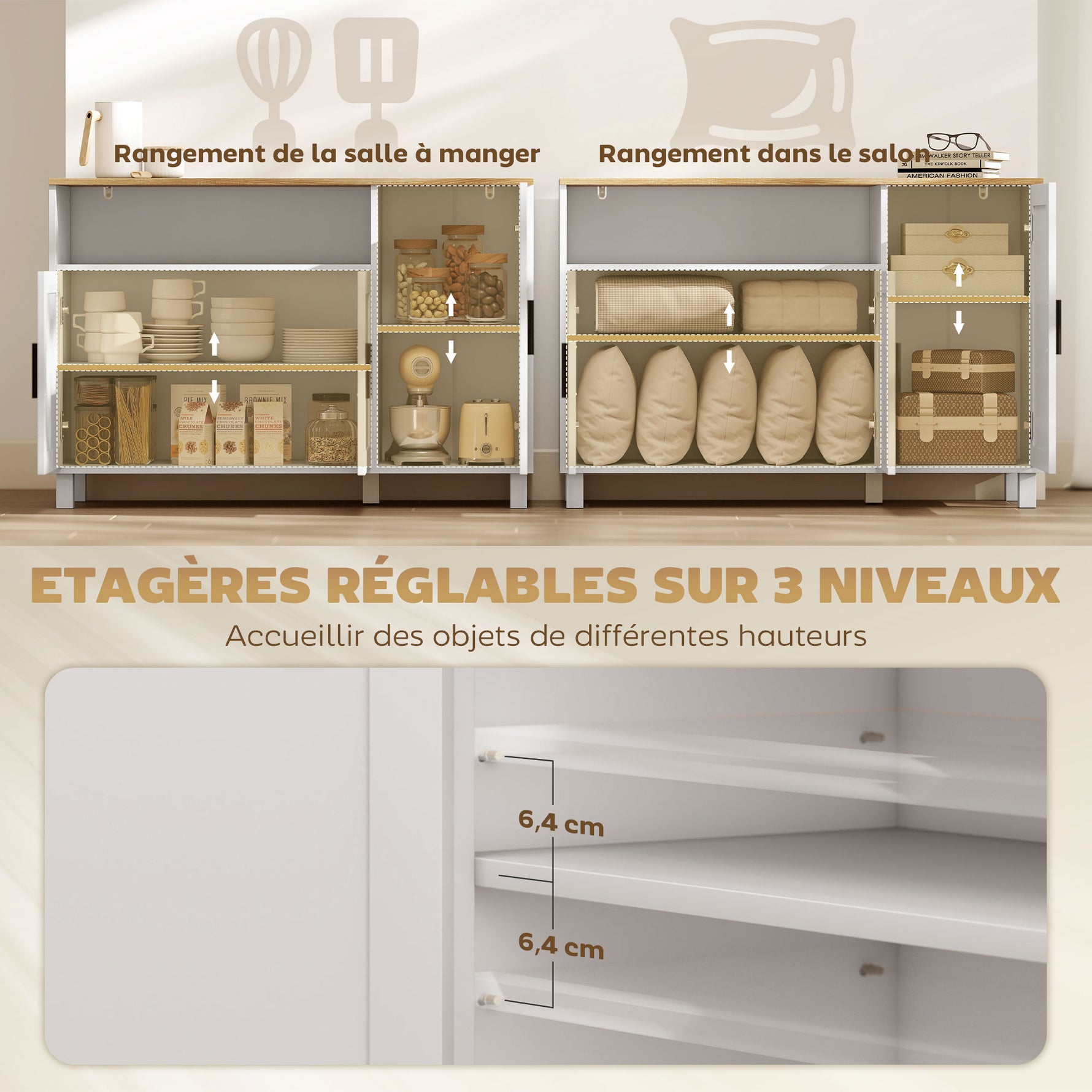 Buffet, meuble de rangement avec 3 portes, compartiment ouvert et étagères réglables, 110 x 33 x 75 cm, blanc