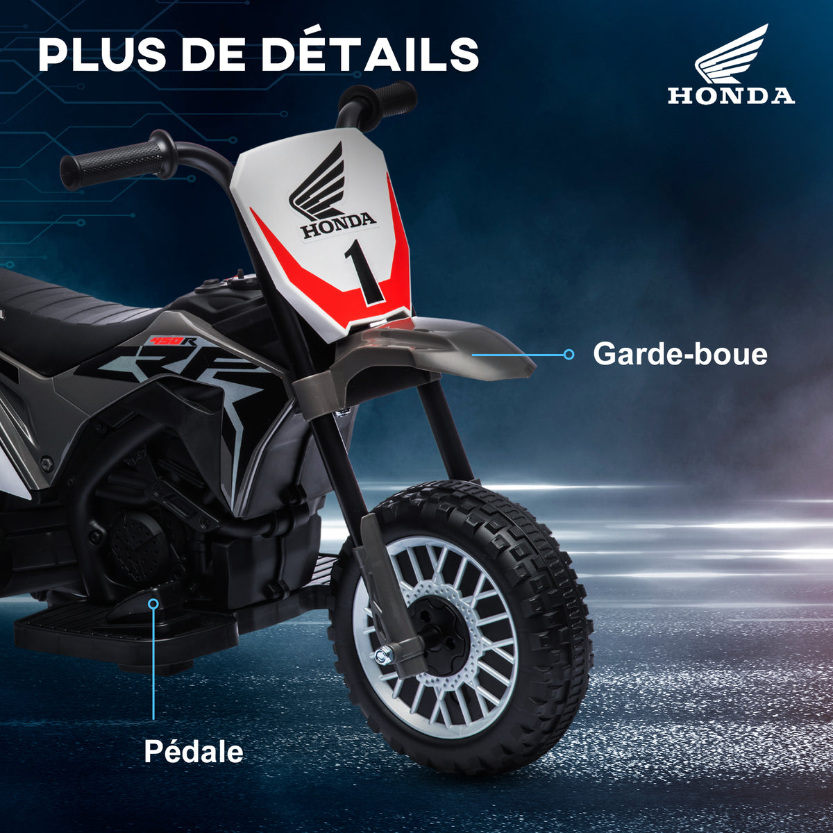 Moto cross éléctrique pour enfant licence Honda CRF450RL 3 roues batterie 6V enfants 18-36 mois gris