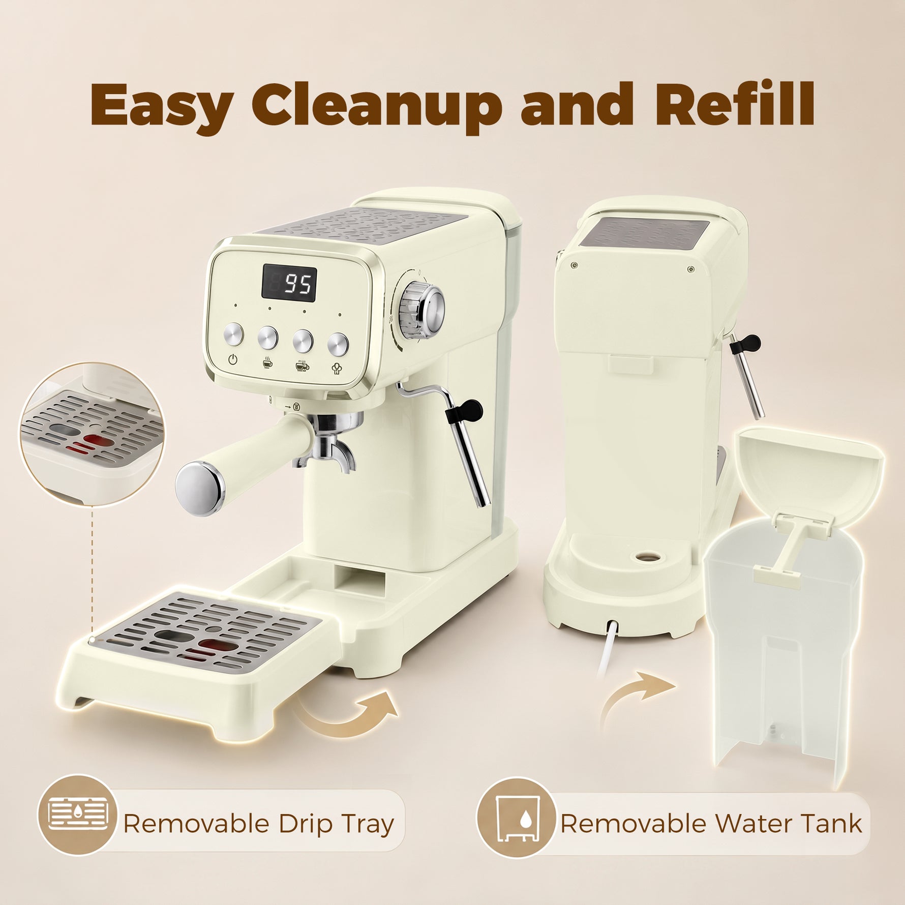 Machine à Expresso avec Buse Vapeur à Mousse de Lait, Cafetière 20Bars, Réservoir d'Eau Amovible 1,2 L, Crème
