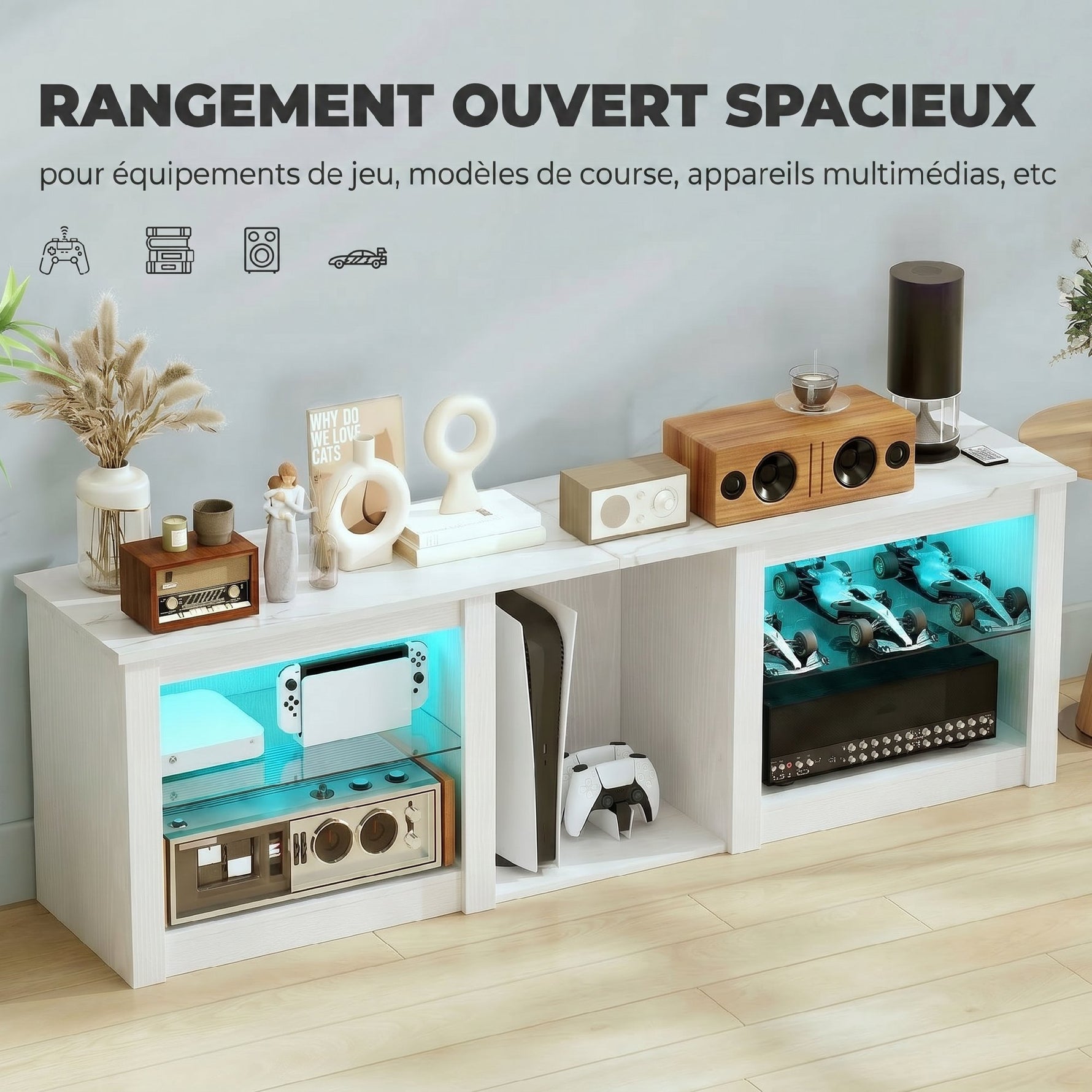 Meuble TV avec éclairage LED pour télévision jusqu'à 70 pouces, 160cm avec étagères en verre réglables, blanc