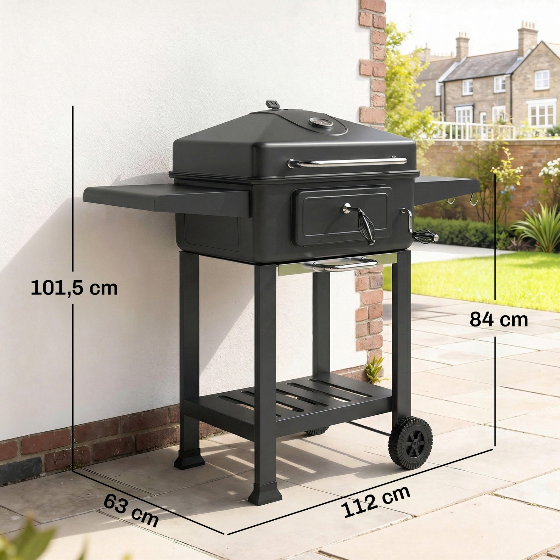 Barbecue Charbon de Bois Chariot Grill de Jardin avec Couvercle XXL Bac à Charbon et Évents Réglables 112cm Noir