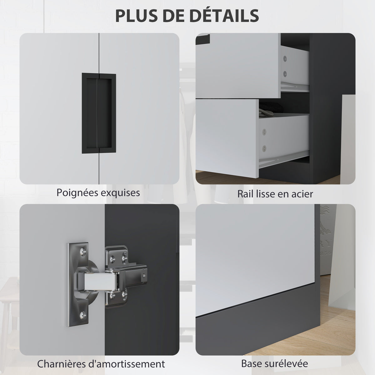 Armoire chambre penderie avec 2 portes à fermeture douce, 3 tiroirs et barre de suspension, 80x50x180cm, gris et blanc