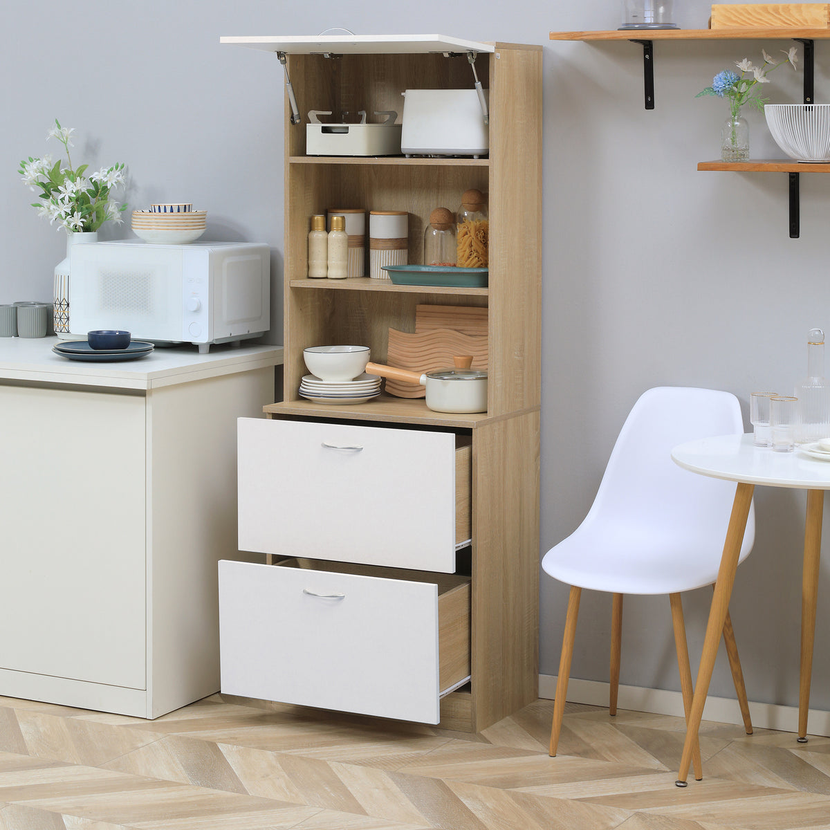 Buffet de cuisine armoire de cuisine multi-rangements 2 tiroirs 1 placard + grand plateau 60 x 38 x 168 cm MDF blanc